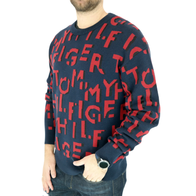 TOMMY HILFIGER Sweter męski SWTH57 granatowy, czerwony wzór | Grishop | Swetry