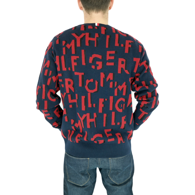 TOMMY HILFIGER Sweter męski SWTH57 granatowy, czerwony wzór | Grishop | Swetry