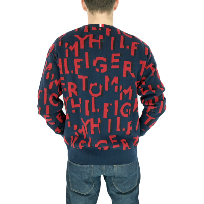 TOMMY HILFIGER Sweter męski SWTH57 granatowy, czerwony wzór | Grishop | Swetry