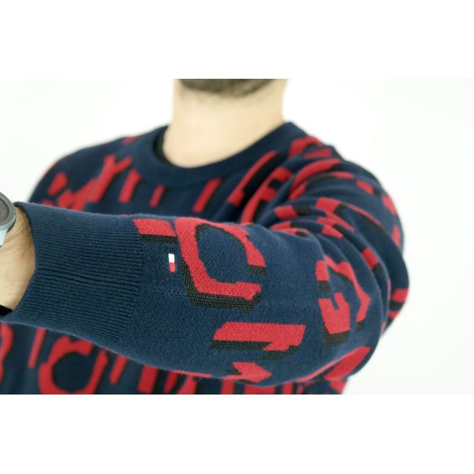 TOMMY HILFIGER Sweter męski SWTH57 granatowy, czerwony wzór | Grishop | Swetry