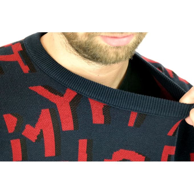 TOMMY HILFIGER Sweter męski SWTH57 granatowy, czerwony wzór | Grishop | Swetry