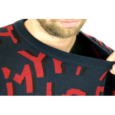 TOMMY HILFIGER Sweter męski SWTH57 granatowy, czerwony wzór | Grishop | Swetry