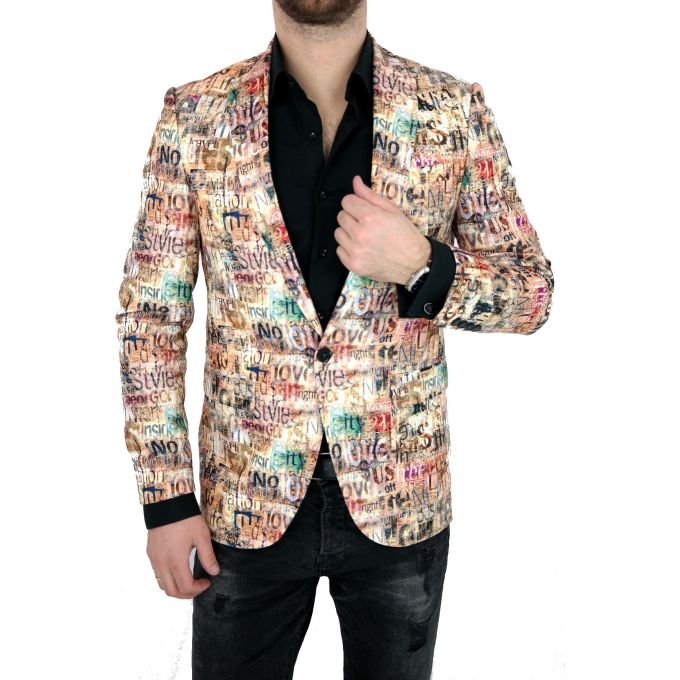 GIOVANNI PERA Marynarka męska D809 casual, beżowa, napisy, kolorowa | Sklep GriShop.eu | Marynarki