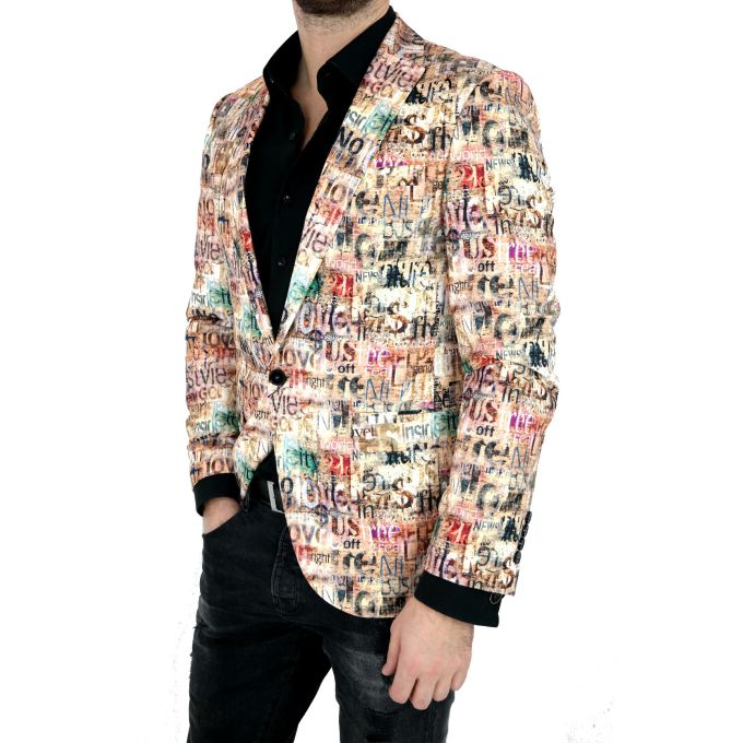 GIOVANNI PERA Marynarka męska D809 casual, beżowa, napisy, kolorowa | Sklep GriShop.eu | Marynarki