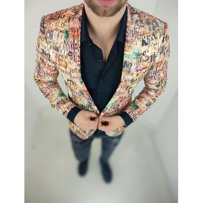 GIOVANNI PERA Marynarka męska D809 casual, beżowa, napisy, kolorowa | Sklep GriShop.eu | Marynarki