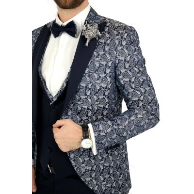 GIOVANNI PERA Garnitur męski z kamizelką i muchą A01 granatowo srebrny, paisley, elegancki Pan Młody i nie tylko, ślubny | Sklep