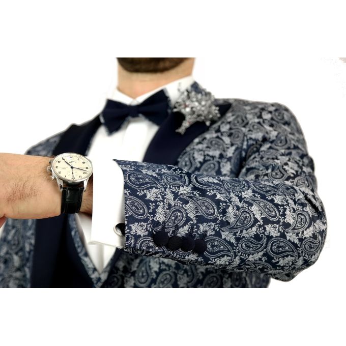 GIOVANNI PERA Garnitur męski z kamizelką i muchą A01 granatowo srebrny, paisley, elegancki Pan Młody i nie tylko, ślubny | Sklep