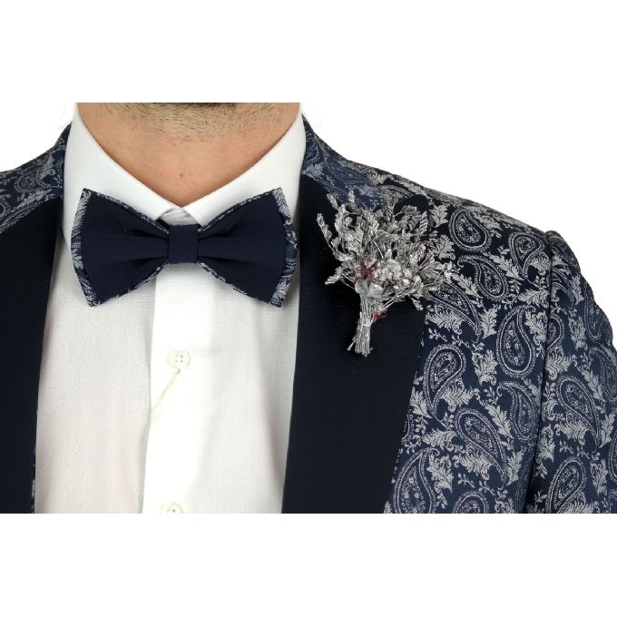 GIOVANNI PERA Garnitur męski z kamizelką i muchą A01 granatowo srebrny, paisley, elegancki Pan Młody i nie tylko, ślubny | Sklep
