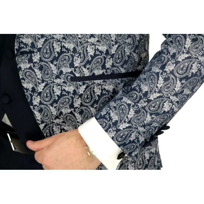 GIOVANNI PERA Garnitur męski z kamizelką i muchą A01 granatowo srebrny, paisley, elegancki Pan Młody i nie tylko, ślubny | Sklep