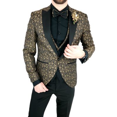 GIOVANNI PERA Garnitur męski z kamizelką i muchą A02 czarno złoty, paisley, elegancki Pan Młody i nie tylko, ślubny | Sklep GriS