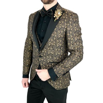 GIOVANNI PERA Garnitur męski z kamizelką i muchą A02 czarno złoty, paisley, elegancki Pan Młody i nie tylko, ślubny | Sklep GriS