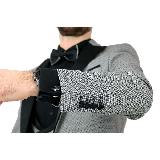 DUALL Garnitur męski z kamizelką i muchą A03 czarno szary, elegancki Pan Młody i nie tylko, ślubny | Sklep GriShop.eu | Garnitur