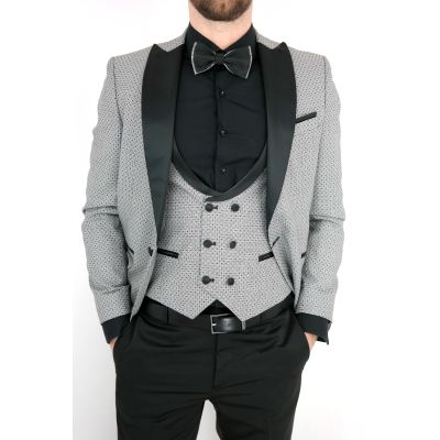 DUALL Garnitur męski z kamizelką i muchą A03 czarno szary, elegancki Pan Młody i nie tylko, ślubny | Sklep GriShop.eu | Garnitur