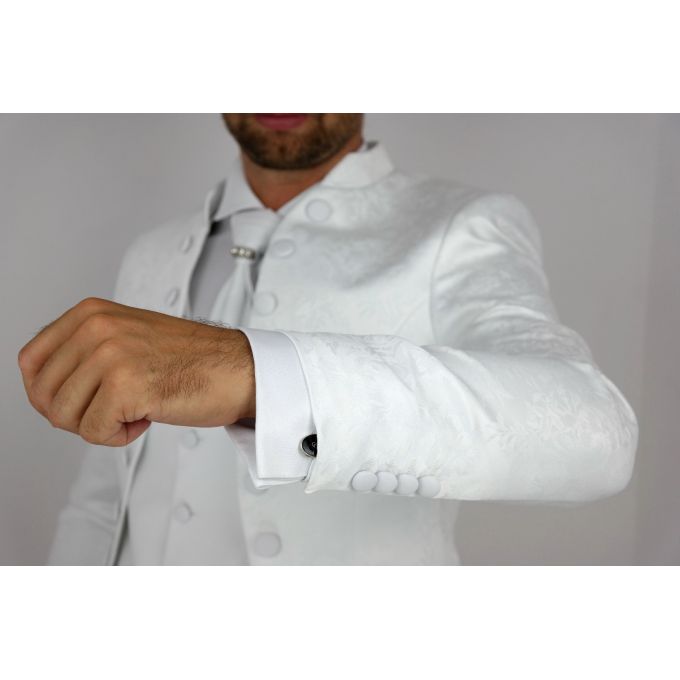 Garnitur męski z kamizelką i krawatem kwiaty róże biały, elegancki Pan Młody i nie tylko, ślubny | Sklep GriShop.eu | Garnitury