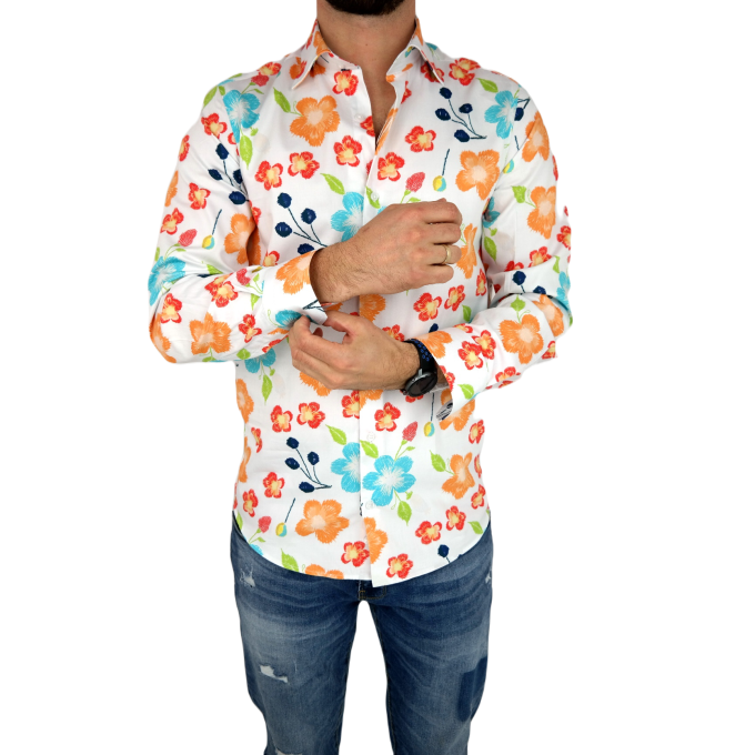 GUISEPPE LUIGI Koszula męska GL12 biała, kolorowe kwiaty | Sklep GriShop.eu | Koszule