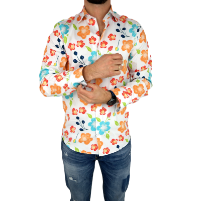 GUISEPPE LUIGI Koszula męska GL12 biała, kolorowe kwiaty | Sklep GriShop.eu | Koszule