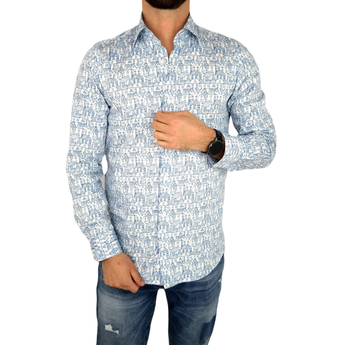 GUISEPPE LUIGI Koszula męska GL13 biała, niebieskie domki | Sklep GriShop.eu | Koszule