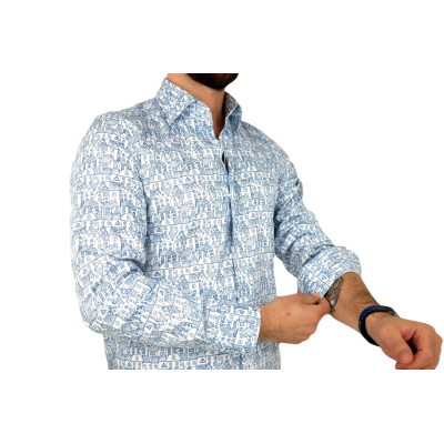 GUISEPPE LUIGI Koszula męska GL13 biała, niebieskie domki | Sklep GriShop.eu | Koszule