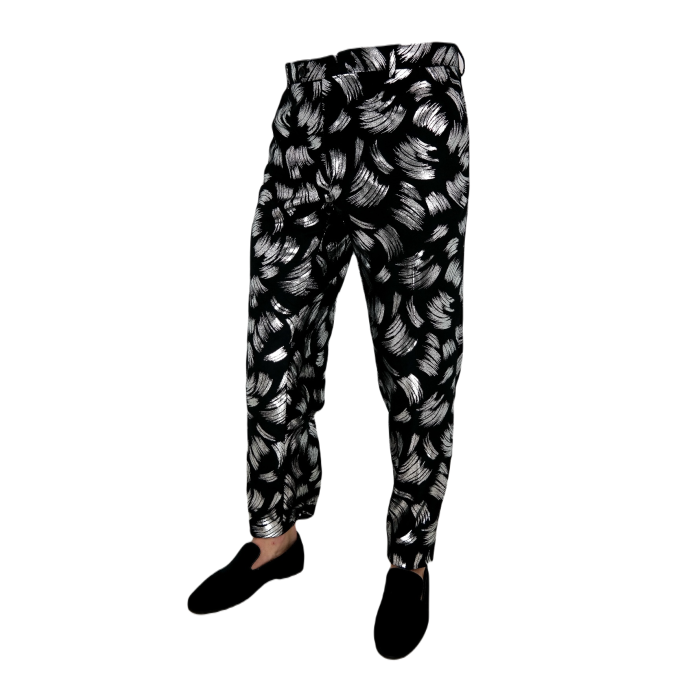 GIOVANNI PERA Spodnie męskie chinosy D45 czarne, srebrne, ekskluzywne, imprezowe, sceniczne, połysk, blask, malowane pędzlem | S