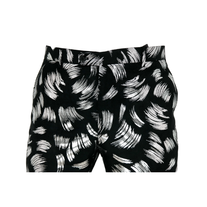 GIOVANNI PERA Spodnie męskie chinosy D45 czarne, srebrne, ekskluzywne, imprezowe, sceniczne, połysk, blask, malowane pędzlem | S