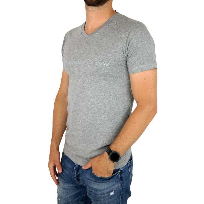 GIOVANNI PERA T-shirt męski szary TGP98 w szpic, serek , elastan, logo | Sklep GriShop.eu | Koszulki