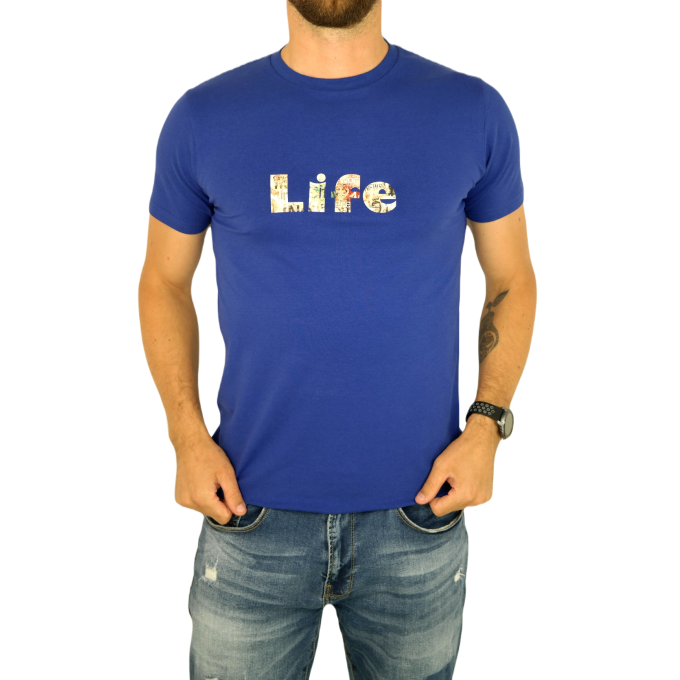 GIOVANNI PERA T-shirt męski niebieski okrągły TGP99 elastan, LIFE - napisy | Sklep GriShop.eu | Koszulki