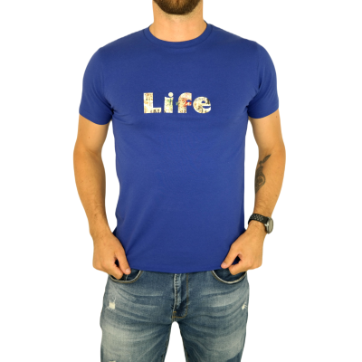 GIOVANNI PERA T-shirt męski niebieski okrągły TGP99 elastan, LIFE - napisy | Sklep GriShop.eu | Koszulki