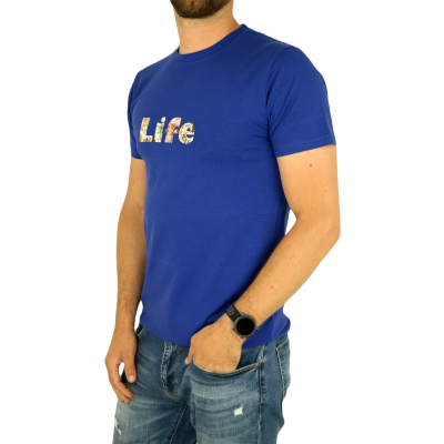 GIOVANNI PERA T-shirt męski niebieski okrągły TGP99 elastan, LIFE - napisy | Sklep GriShop.eu | Koszulki