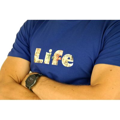 GIOVANNI PERA T-shirt męski niebieski okrągły TGP99 elastan, LIFE - napisy | Sklep GriShop.eu | Koszulki