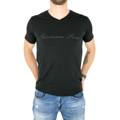 GIOVANNI PERA T-shirt męski czarny TGP107 w szpic, serek, elastan, logo | Sklep GriShop.eu | Koszulki