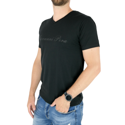 GIOVANNI PERA T-shirt męski czarny TGP107 w szpic, serek, elastan, logo | Sklep GriShop.eu | Koszulki