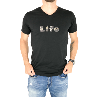 GIOVANNI PERA T-shirt męski czarny TGP109 w szpic, serek, elastan, LIFE - gitara | Sklep GriShop.eu | Koszulki