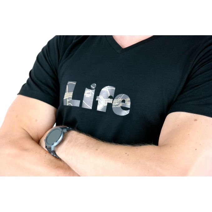GIOVANNI PERA T-shirt męski czarny TGP109 w szpic, serek, elastan, LIFE - gitara | Sklep GriShop.eu | Koszulki