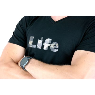 GIOVANNI PERA T-shirt męski czarny TGP109 w szpic, serek, elastan, LIFE - gitara | Sklep GriShop.eu | Koszulki