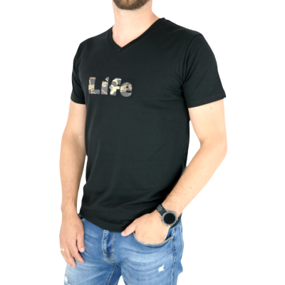 GIOVANNI PERA T-shirt męski czarny TGP109 w szpic, serek, elastan, LIFE - gitara | Sklep GriShop.eu | Koszulki