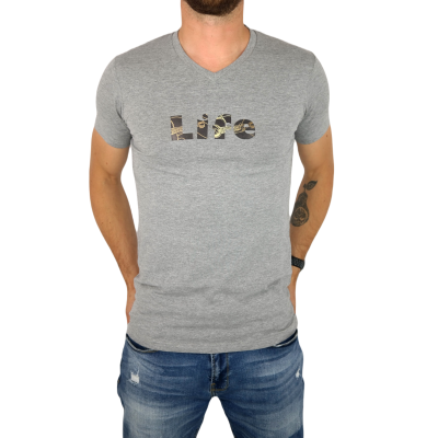 GIOVANNI PERA T-shirt męski szary TGP111 w szpic, serek , elastan, LIFE - gitara | Sklep GriShop.eu | Koszulki