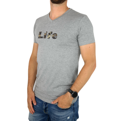 GIOVANNI PERA T-shirt męski szary TGP111 w szpic, serek , elastan, LIFE - gitara | Sklep GriShop.eu | Koszulki