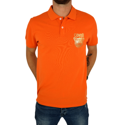 CAVALLI T-shirt polo męski TJC8 pomarańczowy, złote logo, gepard | Sklep GriShop.eu | Koszulki