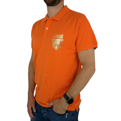 CAVALLI T-shirt polo męski TJC8 pomarańczowy, złote logo, gepard | Sklep GriShop.eu | Koszulki