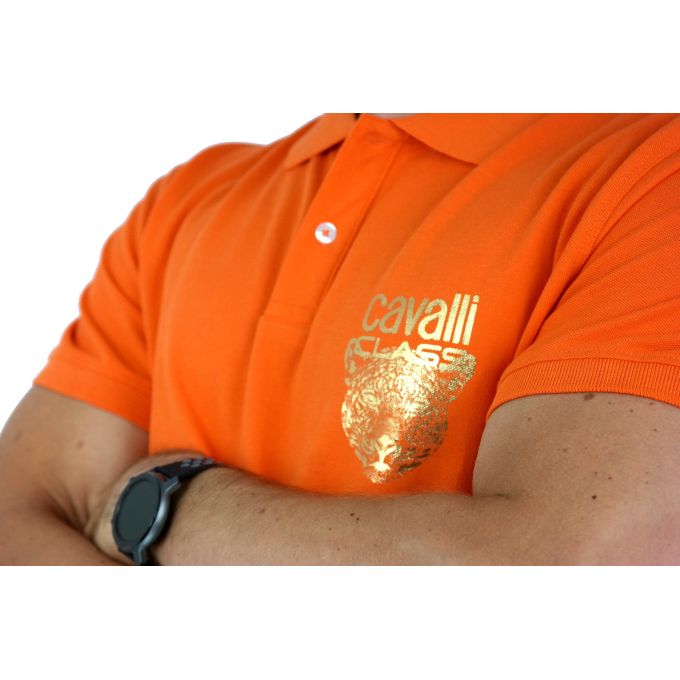 CAVALLI T-shirt polo męski TJC8 pomarańczowy, złote logo, gepard | Sklep GriShop.eu | Koszulki