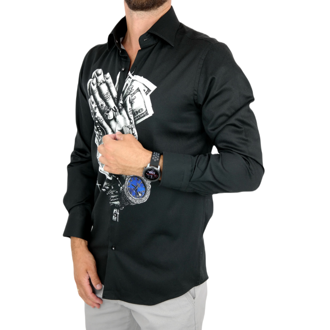 GUISEPPE LUIGI Koszula męska GL19 czarna z efektownym nadrukiem, dłonie, dolary, różanec, wisior | Sklep GriShop.eu | Koszule