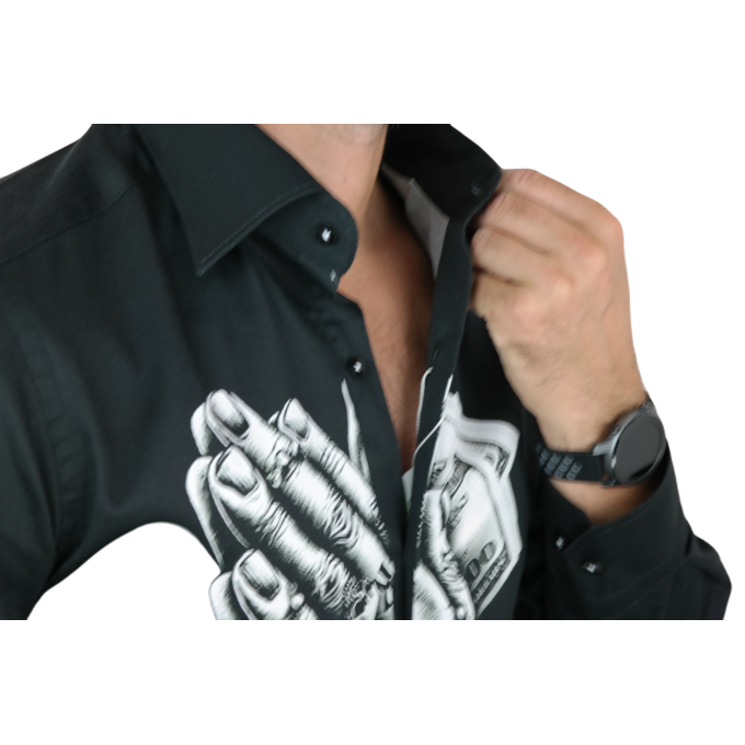 GUISEPPE LUIGI Koszula męska GL19 czarna z efektownym nadrukiem, dłonie, dolary, różanec, wisior | Sklep GriShop.eu | Koszule
