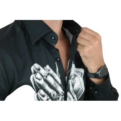 GUISEPPE LUIGI Koszula męska GL19 czarna z efektownym nadrukiem, dłonie, dolary, różanec, wisior | Sklep GriShop.eu | Koszule