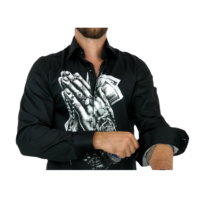 GUISEPPE LUIGI Koszula męska GL19 czarna z efektownym nadrukiem, dłonie, dolary, różanec, wisior | Sklep GriShop.eu | Koszule