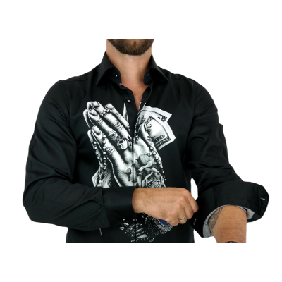 GUISEPPE LUIGI Koszula męska GL19 czarna z efektownym nadrukiem, dłonie, dolary, różanec, wisior | Sklep GriShop.eu | Koszule