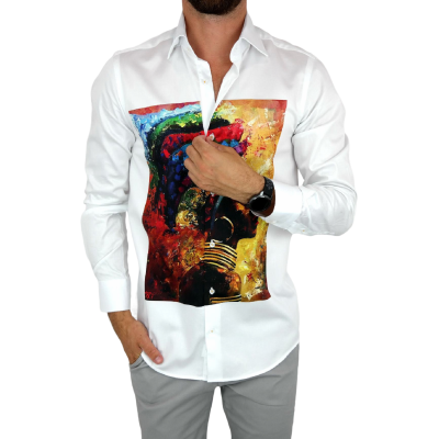 GUISEPPE LUIGI Koszula męska GL20 biała z efektownym kolorowym nadrukiem, twarz | Sklep GriShop.eu | Koszule