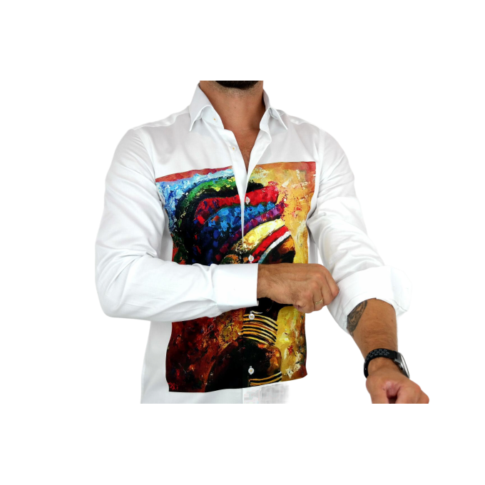 GUISEPPE LUIGI Koszula męska GL20 biała z efektownym kolorowym nadrukiem, twarz | Sklep GriShop.eu | Koszule
