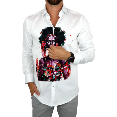 GUISEPPE LUIGI Koszula męska GL22 biała z efektownym kolorowym nadrukiem, twarz | Sklep GriShop.eu | Koszule