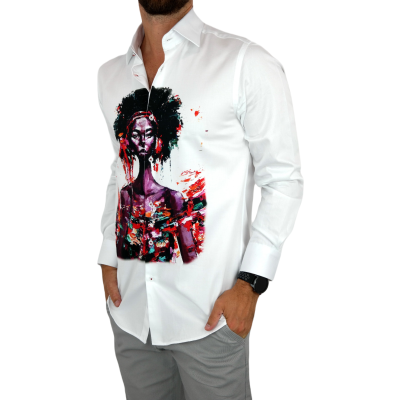 GUISEPPE LUIGI Koszula męska GL22 biała z efektownym kolorowym nadrukiem, twarz | Sklep GriShop.eu | Koszule