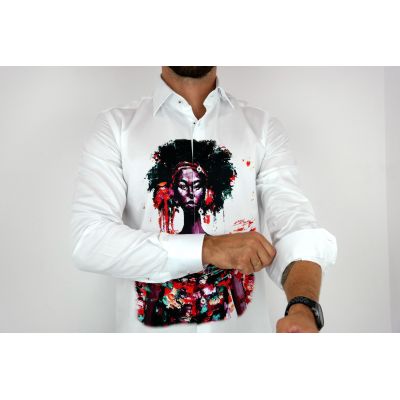 GUISEPPE LUIGI Koszula męska GL22 biała z efektownym kolorowym nadrukiem, twarz | Sklep GriShop.eu | Koszule